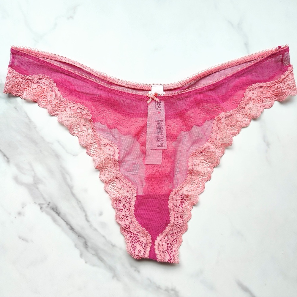 NWT VICTORIA’S SECRET TEASE MESH LACE-TRIM HIGH-LEG THONG PANTY IN LUSCIOUS ROSE